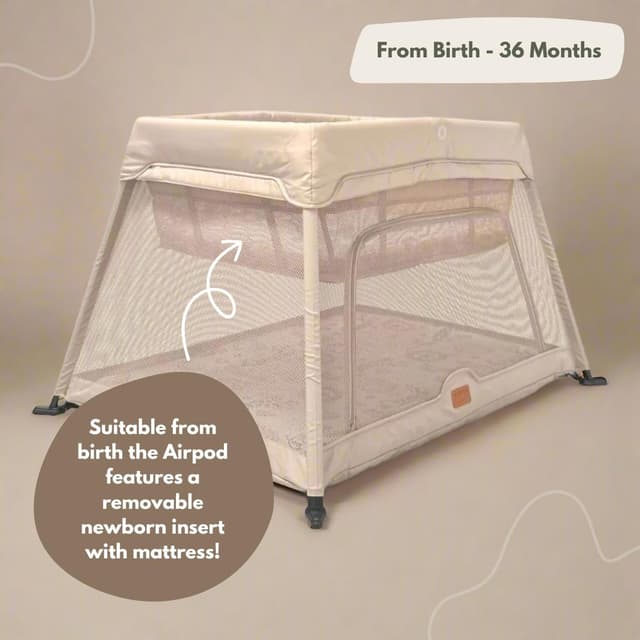Detalle de Venture Airpod Travel Cot (0–3 Years) with Newborn Insert, Mattress & Foldable Playpen Function – Beige