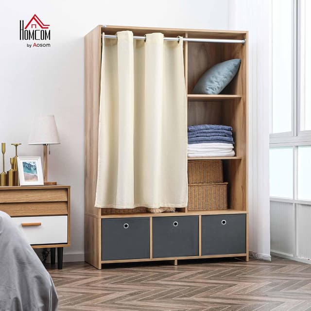 Detalle de HOMCOM Armoire penderie avec rideau gris, 3 compartiments et 3 tiroirs en tissu