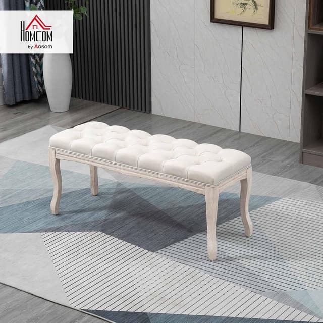 Detalle de HOMCOM banquette capitonnée en lin style classique chic, 110 cm, piètement en bois d’hévéa sculpté