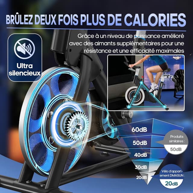 Detalle de DMASUN Vélo d’appartement avec résistance magnétique et volant d’inertie lourd (jusqu’à 180 kg) + support d’haltères