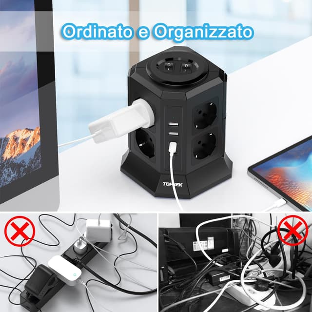 Detalle de TOPREK Multipresa verticale 8 prese universali ITA + USB-C/USB-A 4000W/16A con cavo 2 m