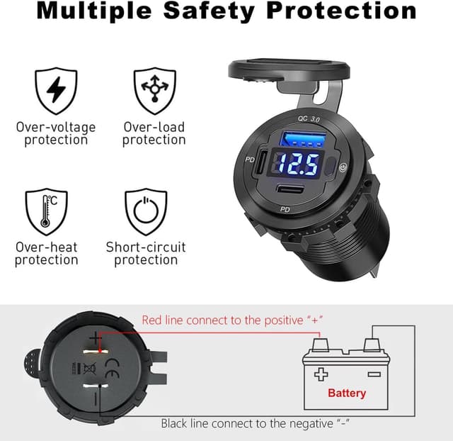 Detalle 2 de 5 in 1 12V USB-C Car Charger Socket with Dual PD, USB Port, LED Voltmeter & On/Off Switch (RV/Marine/Car Use)