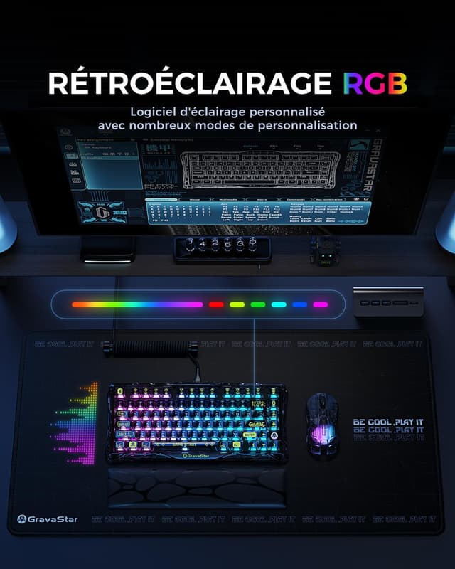 Detalle de GravaStar Mercury K1 Lite clavier mécanique 75% RGB rétroéclairé (BT 5.0, 2,4G, Type-C) QWERTY noir transparent