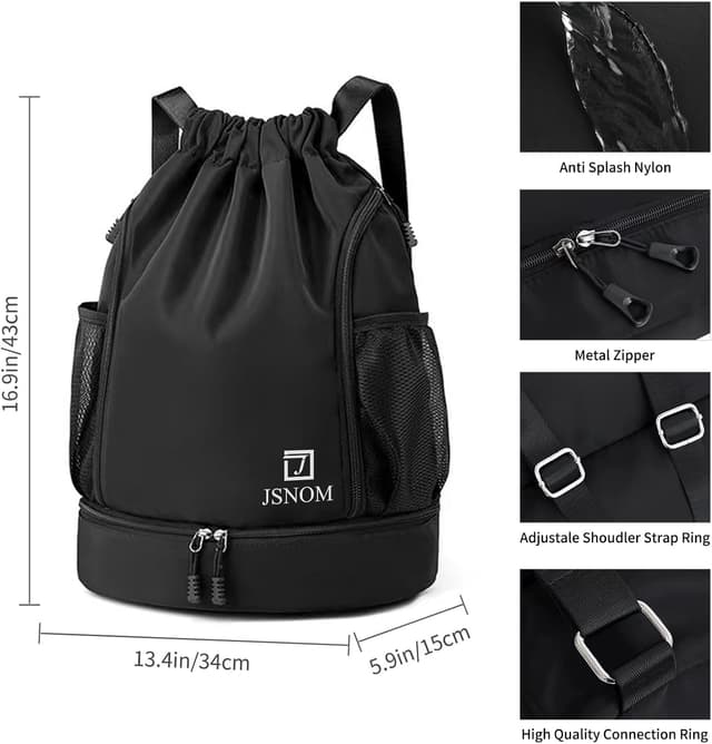 Detalle de JSNOM Zaino Mare con coulisse impermeabile Zaino Sportivo per palestra, spiaggia e viaggio (Nero)