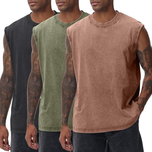 Detalle de SnowElve Men’s Acid Wash Vintage Cotton Workout Tank Top (Sleeveless Muscle Tee)