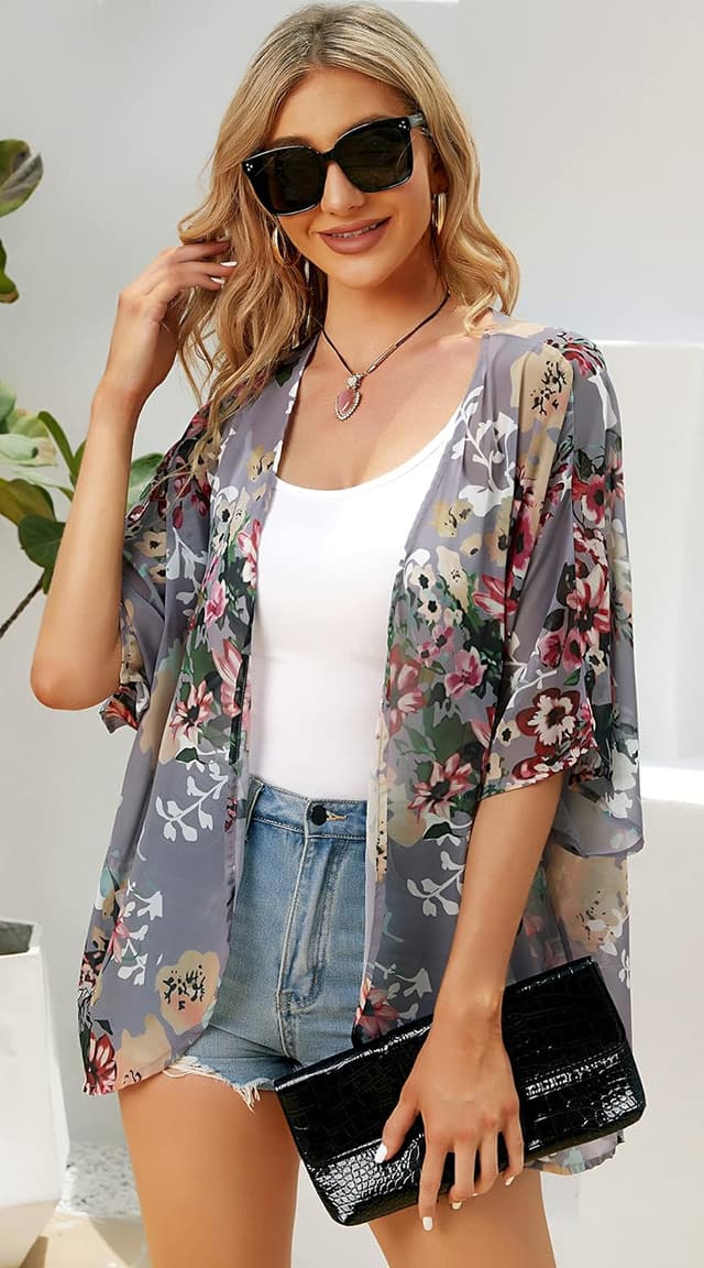 Detalle de Women’s Floral Print Puff Sleeve Kimono Cardigan Chiffon Cover-Up (Loose, Open Front)
