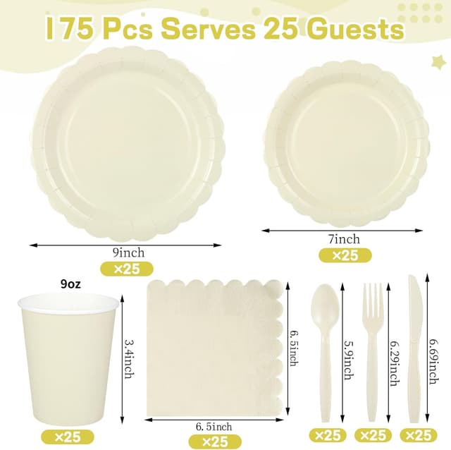 Detalle 2 de Xiangqu 175-Piece Ivory Paper Plates and Napkins Set for Parties (Beige scalloped disposable tableware)