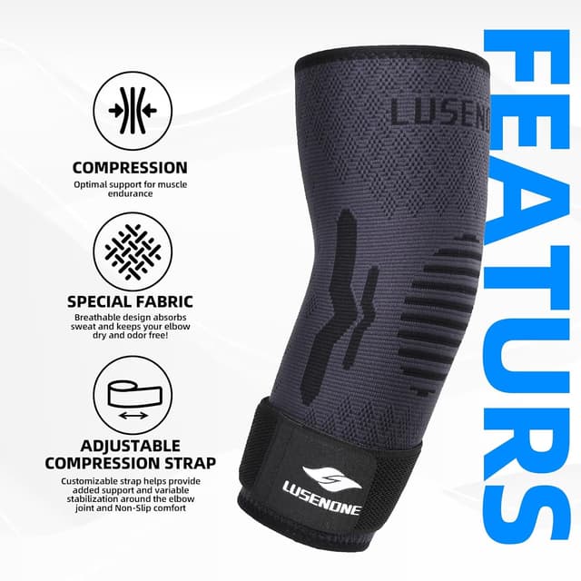 Detalle de Lusenone Elbow Support with Strap (Adjustable Compression Sleeve) for Tennis/Golfers Elbow, Tendonitis & Arthritis, Size M