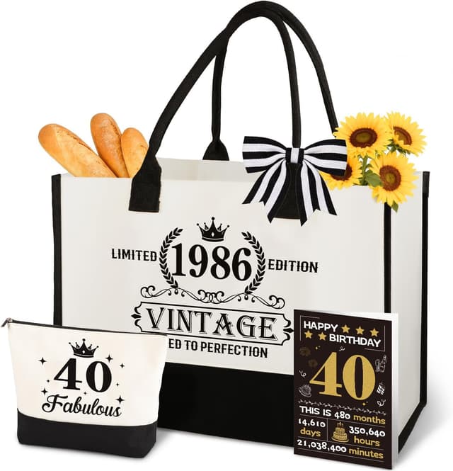 Detalle de 40th Birthday Gifts for Women: Vintage 1986 canvas tote & make-up bag set (1986/Fabulous 40 theme)