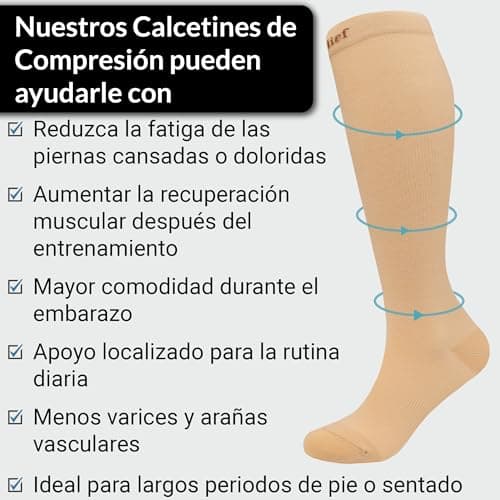 Detalle 1 de 360 Relief medias de compresión 15–20 mmHg (1 par) para mujer y hombre, talla S/M beige con bolsa de malla