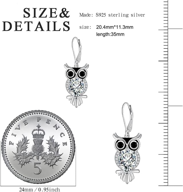 Detalle 2 de J.WUEN boucles d’oreilles pendantes femme en argent 925 avec hiboux et zirconite cubique