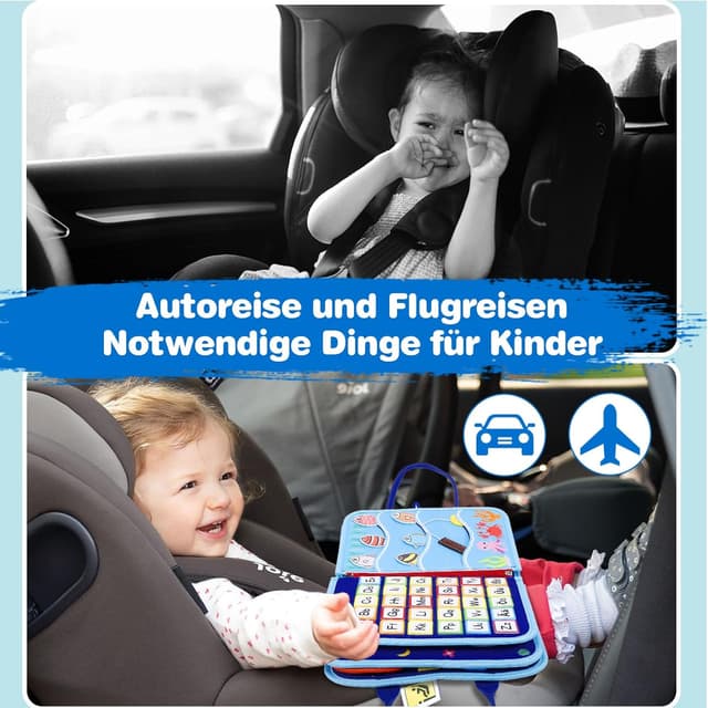 Detalle 1 de JHkim Montessori Busy Board (Deutsch) für Kinder ab 1–4 Jahre – Motorikbrett für Reise, Auto & Flugzeug