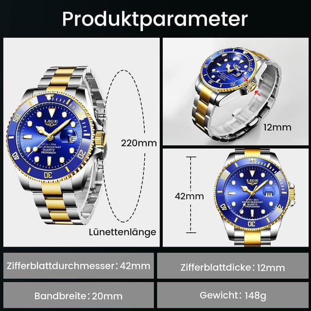 Detalle de LIGE Herren-Uhr analog aus Edelstahl mit Quarzwerk, Kalenderfunktion und 3ATM Wasserschutz