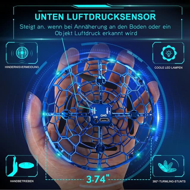 Detalle 2 de semai Mini UFO Drohne: fliegender Handball mit 360°-Hover, LED und IR-Sensoren (blau)