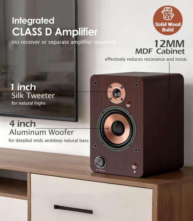 Detalle de LONPOO Bluetooth Regal-Lautsprecher LP42M mit 4" Woofer, optisch/koaxial/RCA/USB/AUX und Fernbedienung