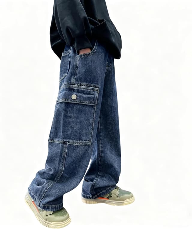 Detalle 2 de Rolanko Baggy Jeans Jungen – weites Bein mit elastischem Bund & Cargo-Taschen (jeansblau)