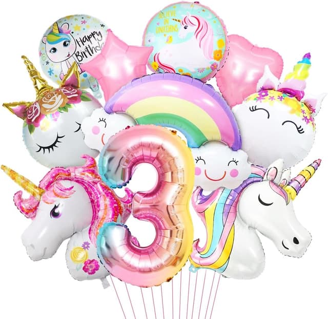 Detalle de Einhorn Luftballon-Set „Zahl 3“ – 3D Folienballons XXL Set mit Regenbogen, Stern und Herz