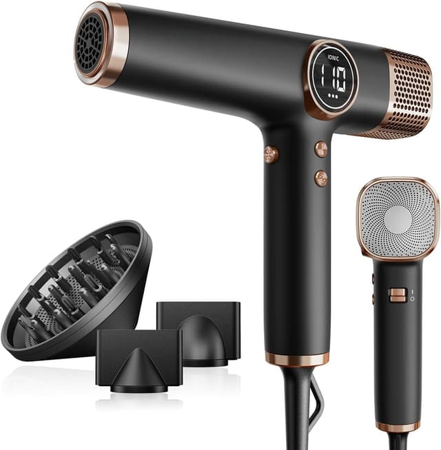 Detalle de Faszin Haartrockner leichter Föhn mit 110.000 RPM bürstenlosem Motor, 200 Mio. Ionen und LED-Anzeige (Schwarz)