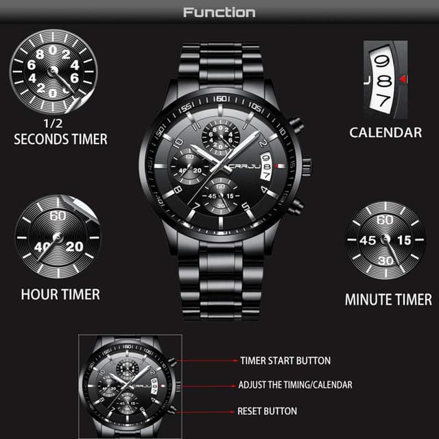 Thumbnail 6 de CRRJU Herren Chronograph Quarz-Uhr mit Kalender – wasserdichtes Edelstahlarmband im Business-Look
