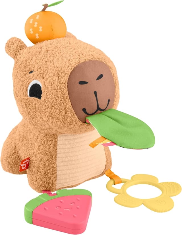 Detalle de Fisher-Price Mon Capybara Câlins (HYR54) : peluche sensorielle avec anneau de dentition et hochet