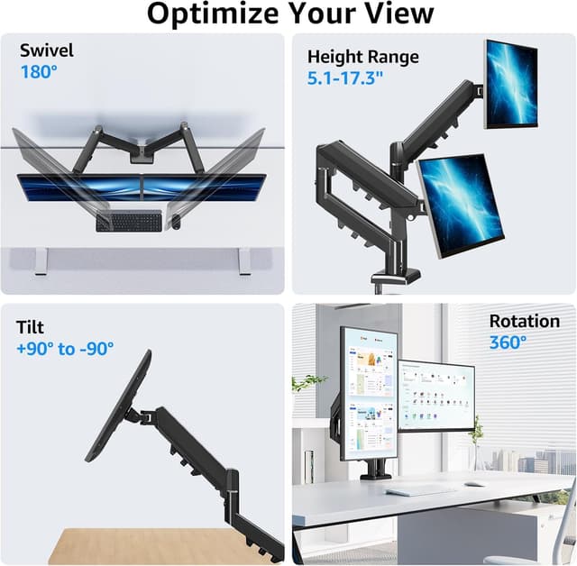Detalle de MOUNTUP Dual Monitor Halterung für 13–32 Zoll EU8014B – höhenverstellbar, neigbar, schwenkbar (VESA 75/100)