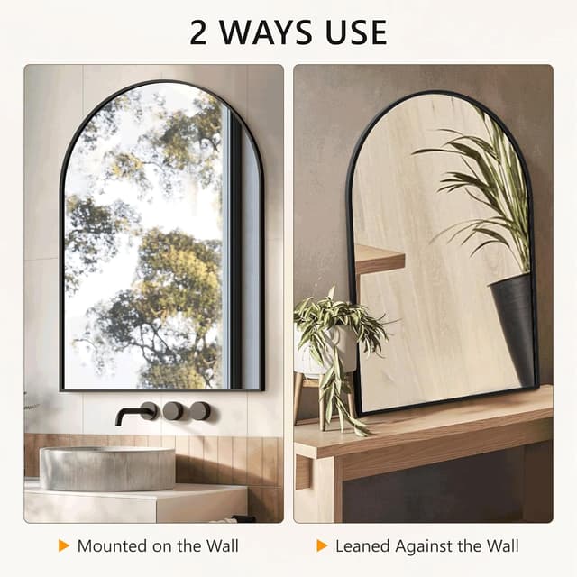 Detalle 2 de 30"x20" Arched Black Wall Vanity Mirror with Metal Frame (Shatterproof Glass, Matte Black)