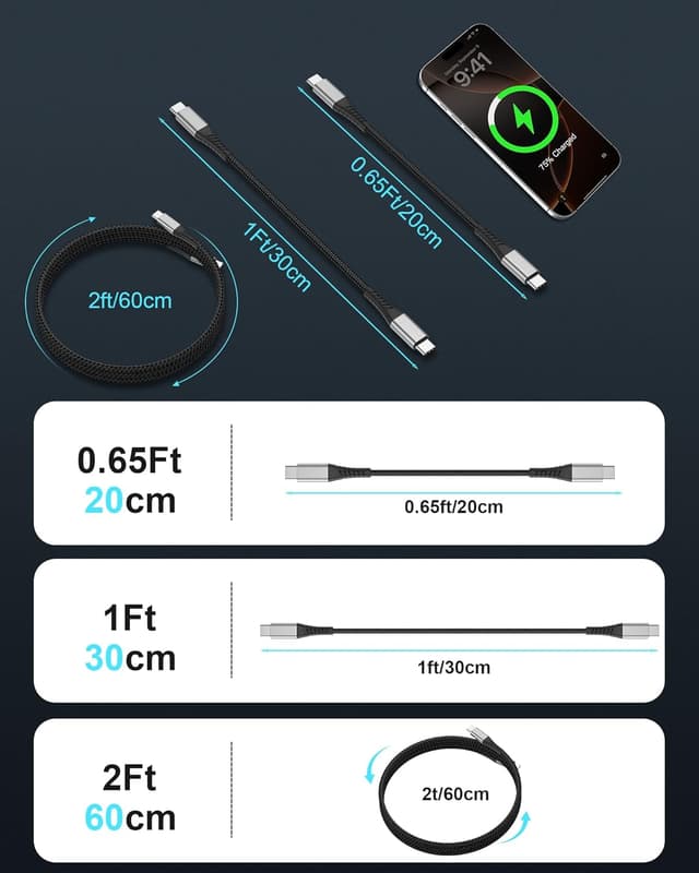 Detalle 2 de PEAKLIFT 15cm USB-C to USB-C Cable (3-Pack), 60W 3A USB PD Fast Charging Short Charger Lead