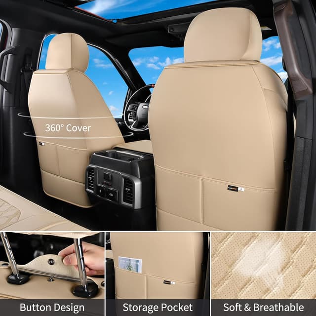 Detalle de Huidasource F150/F250/F350 Front & Rear Leather Seat Covers (Beige) for 2015-2025 Ford SuperCrew & 2017-2025 Super Duty Crew Cab