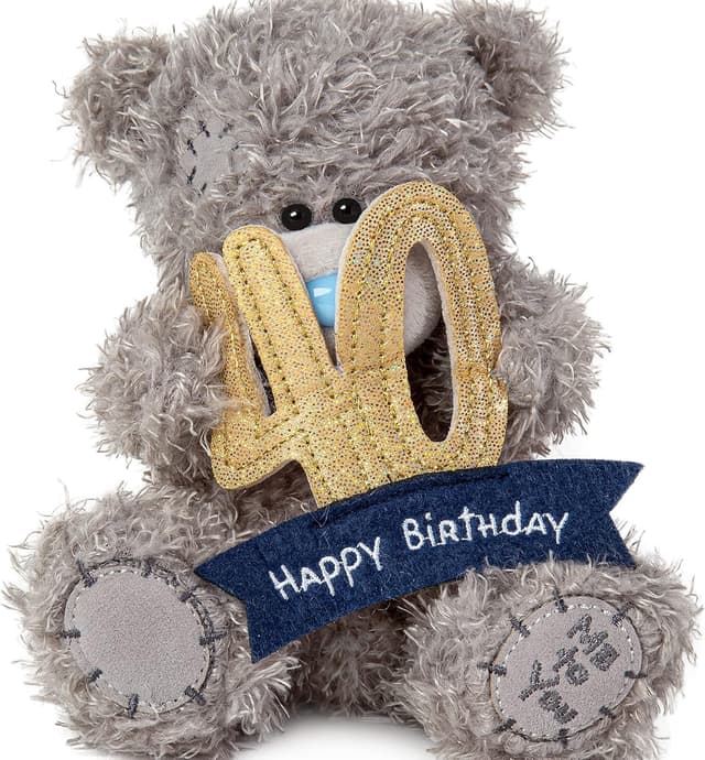 Detalle 2 de Me to You Tatty Teddy 40th Birthday Bear Holding a 40 Banner – Official Collection plush gift (Blue/Gold/Grey/Navy)