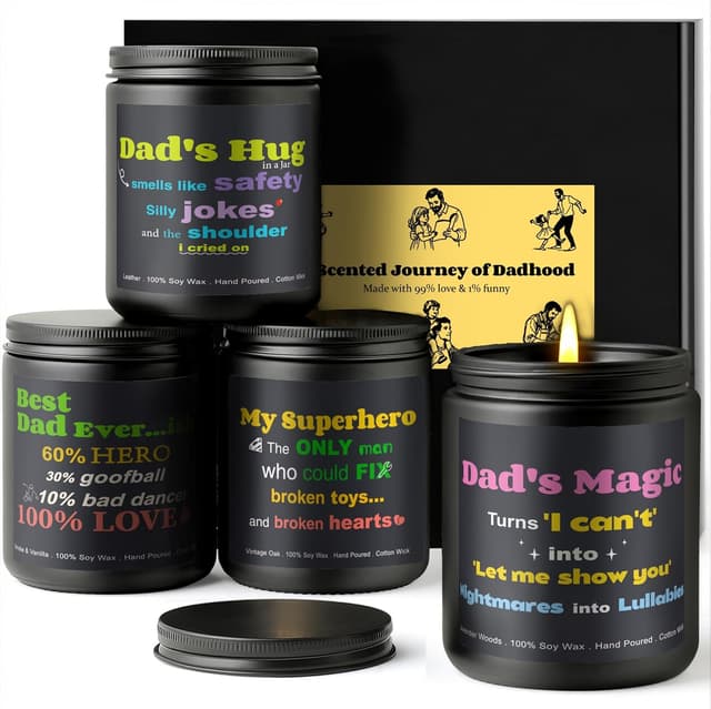 Detalle de Men’s Scented Candles Set for Dad (4 Packs) – Soy Candles in Lavender Woods/Smoke & Vanilla/Vintage Oak/Leather