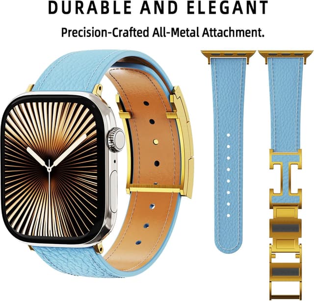 Detalle de Leather Watch Band with Magnetic Buckle for Apple Watch Ultra & Series 1–9 (49mm–38mm) – Natural Cowhide Strap