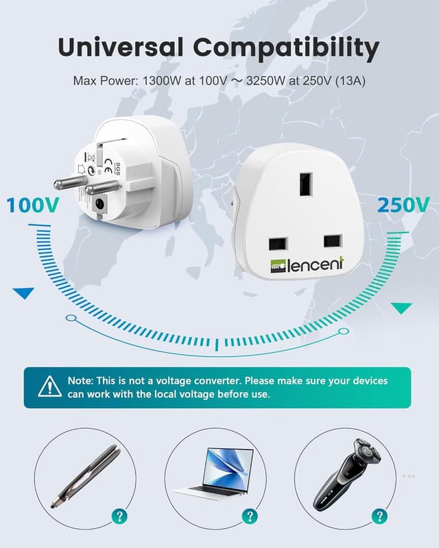 Thumbnail 5 de LENCENT Adaptateur Prise UK vers Europe 2x 3 broches