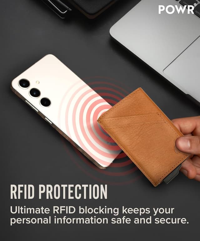 Detalle de POWR RFID porta carte slim in metallo con blocco a doppio strato e porta badge pop-up