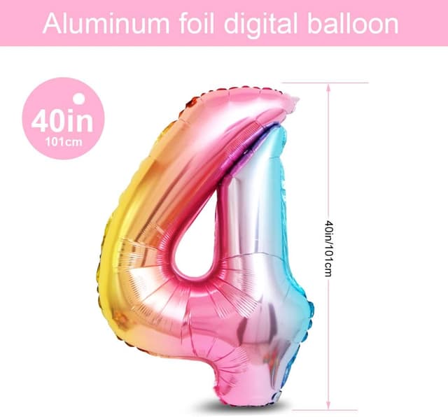 Detalle de Einhorn Luftballon Set „Zahl 4“ – 3D Folienballons XXL mit Regenbogen, Stern & Herz