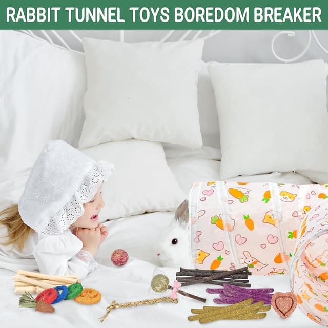 Detalle de LECHONG 42-in-1 Box Natural Rabbit Toys with Collapsible Tunnel Set (chews & hideout for rabbits and small pets)