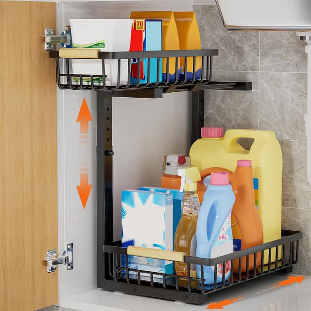Detalle de OUUTMEE Küchen Organizer für unter dem Spülbecken – 2er-Set, höhenverstellbar 35,5–43 cm, Metall schwarz