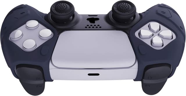 Detalle de PlayVital Mecha Edition Midnight Blue ergonomic silicone grips for PS5 controller (with thumbstick caps) — compatible with charging station