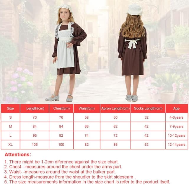 Detalle de Aomig Vestito da Cameriera Bambina in stile medievale (kit da 4 pezzi: abito, grembiule, bonnet e calzini)