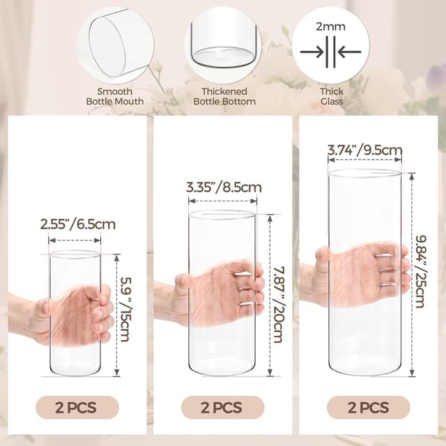 Detalle de Lot de 6 vases cylindriques en verre transparent ComSaf pour centres de table, 15,2 à 25,4 cm