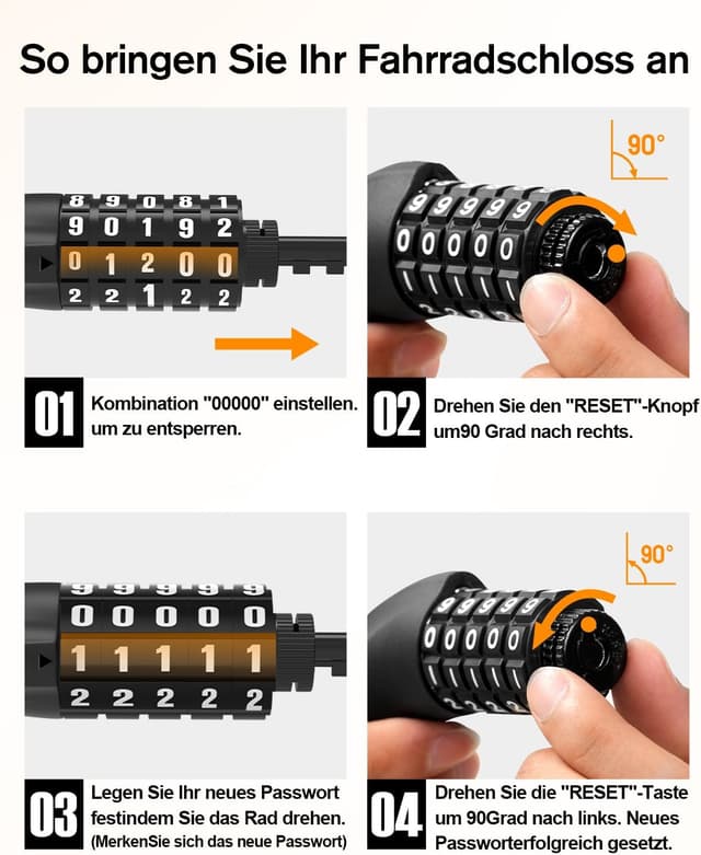Detalle 2 de SFGSUP Zahlenschloss für das Fahrrad: 5-stelliger Code, 6 mm Stahlkette (90 cm)