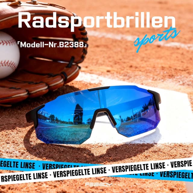 Detalle 2 de FEISEDY Sport Sonnenbrille für Herren & Damen – Fahrradbrille mit UV400, verspiegelten Gläsern und weitem Sichtfeld