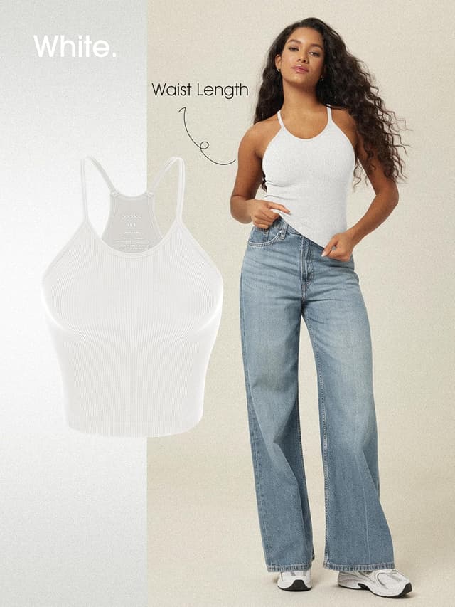 Detalle de ODODOS Women’s Crop 3-Pack Seamless Rib-Knit Camisole Crop Tank Tops