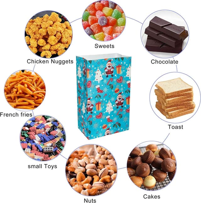 Detalle de AUERVO 48 Geschenktüten Weihnachten bunt klein inkl. Aufkleber – Papiertüten für Kekse, Giveaways & Kindergeburtstag