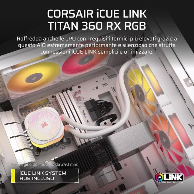 Detalle 2 de CORSAIR iCUE LINK TITAN 360 RX RGB AIO 360mm con Hub iCUE LINK e 3 ventole RX120 RGB bianche