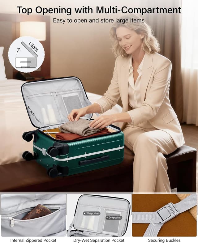 Detalle 2 de Hanke 26 Inch Large Checked Luggage (PC Hard Shell) with Top Opening and Wheels, Dark Green