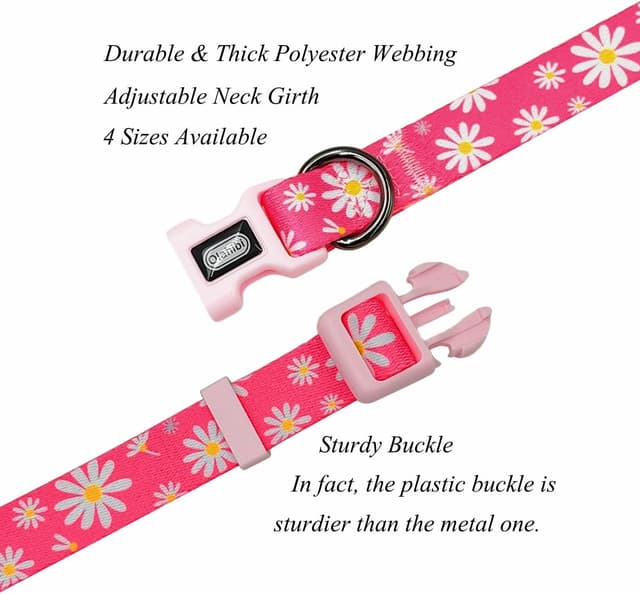 Detalle de Olahibi Dog Collar and Leash Combo Set (Floral Pattern, Polyester) with 150CM matching leash – XS Pink Daisy
