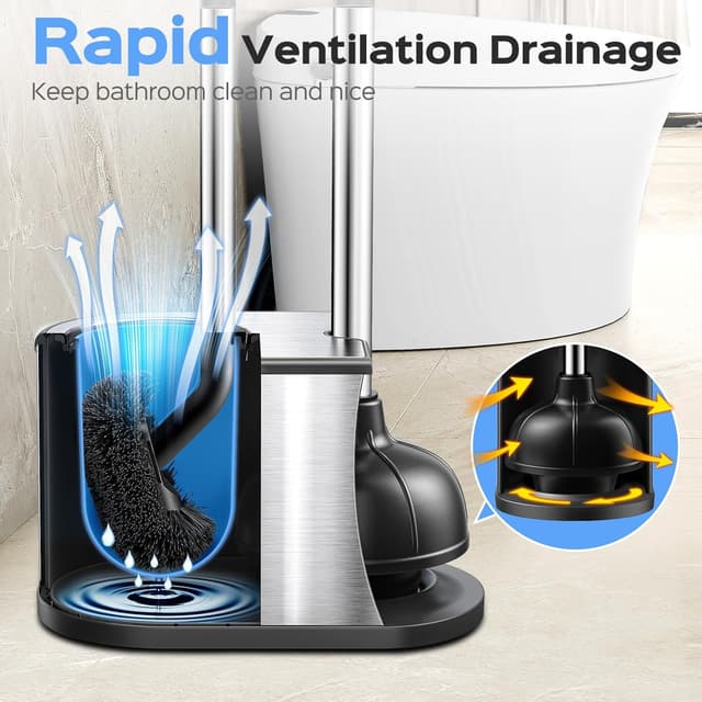 Detalle de HAMITOR Toilet Plunger and Brush Set (2-in-1) Stainless Steel Rustproof Combo