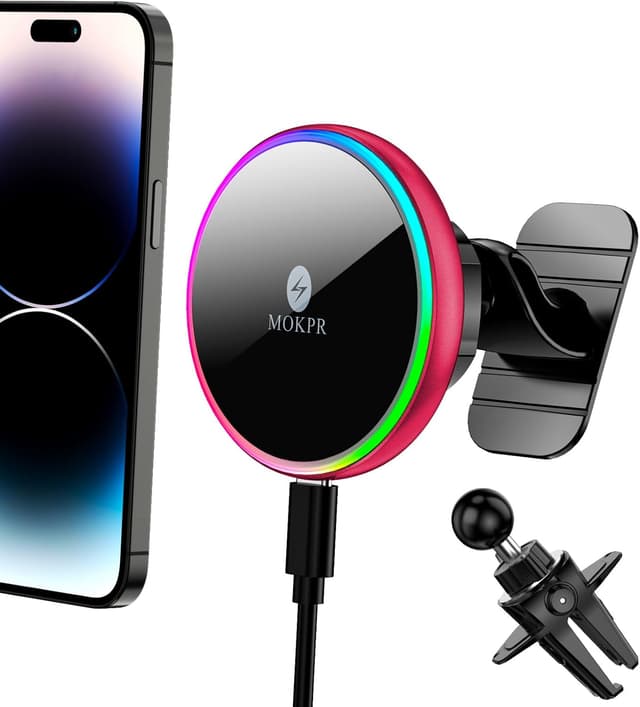 Detalle 2 de MOKPR MagSafe Autohalterung mit Ladefunktion (15 W) für iPhone im Auto – inkl. Lüftung-/Armaturenbrett-Halterung, Typ-C-Kabel