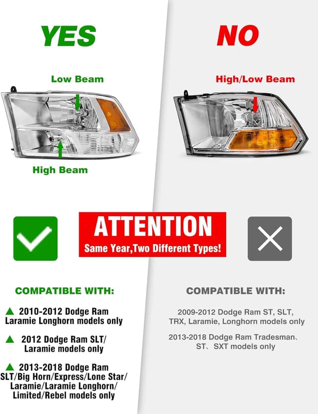 Detalle 2 de ADCARLIGHTS Headlight Assembly Replacement for 2010–2018 Dodge Ram (Chrome Housing, Amber Reflector)