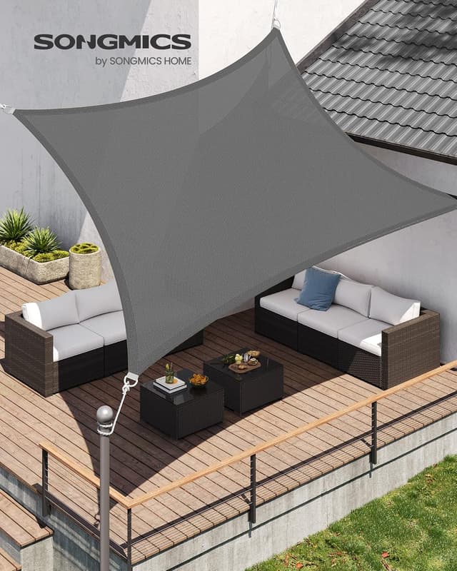 Detalle 2 de SONGMICS Voile d’Ombrage 3 x 5 m GSS35GY gris anthracite – protection solaire en HDPE respirante et perméable à l’eau
